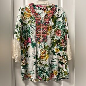 John Mark Multicolor Floral 100% Linen Embroidered Tunic SIZE Large Resort Beach